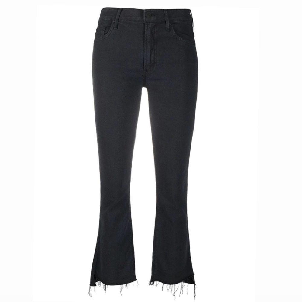 MOTHER high rise stretchy flared black jeans with frayed bottoms